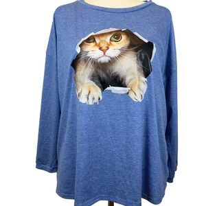 Shekka Blue Long Sleeve Crew Neck 3D Graphic Cat Print Tee Women's XL Cute Kitty